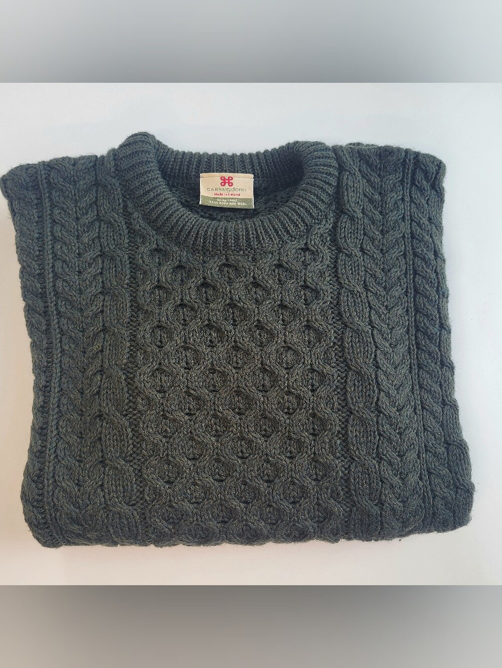 Carraig Donn Sweater Mens M Green Hand Knit Pure Wool Fisherman Ireland Unisex